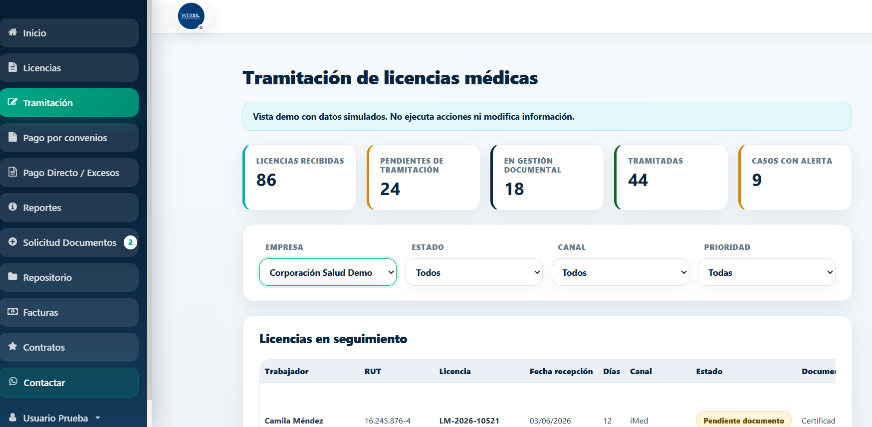 Ficha de colaborador y gestión de licencias médicas WEBSIL